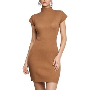 Line and Dot Minimalist Camel Brown Mock Neck Cap Sleeve Knit Sheath Dress Large